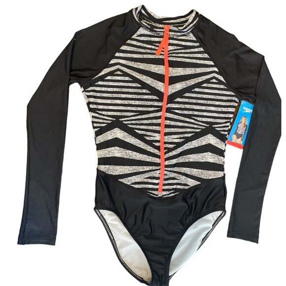 New Speedo Womens One Piece Swimsuit Size Medium Long Sleeve Front Zip - Picture 1 of 5
